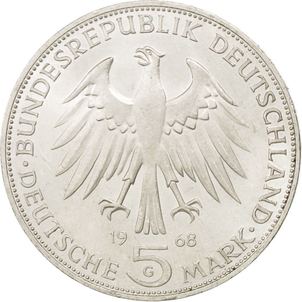 GERMANIA - REPUBBLICA FEDERALE, 5 Mark, 1968, Karlsruhe, Germany, SPL-, Argen...