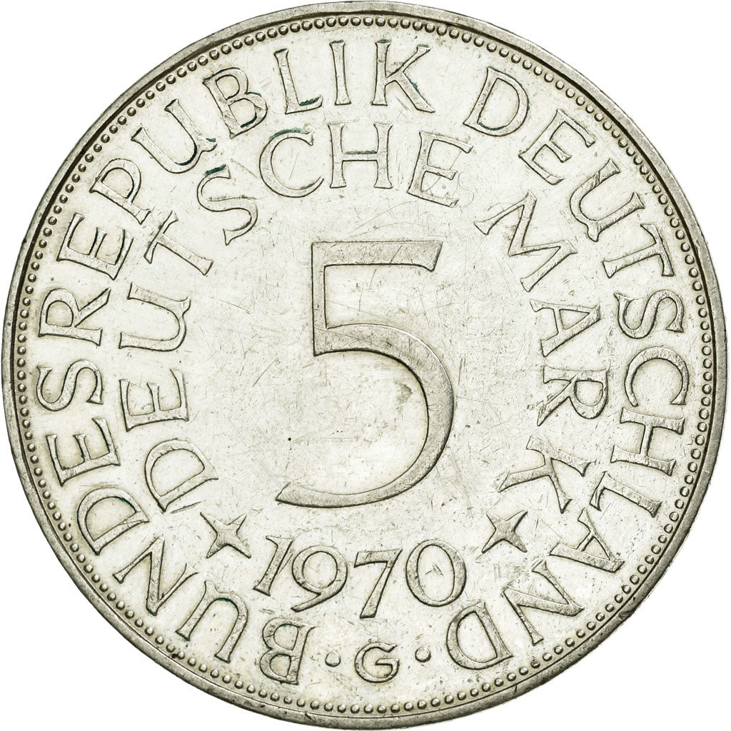 Coin, GERMANY - FEDERAL REPUBLIC, 5 Mark, 1970, Karlsruhe, AU(50-53), Silver