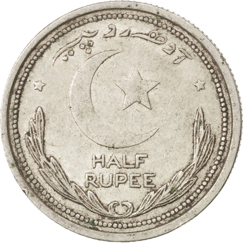 PAKISTAN, 1/2 Rupee, 1948, KM #6, EF(40-45), Nickel, 24, 5.83