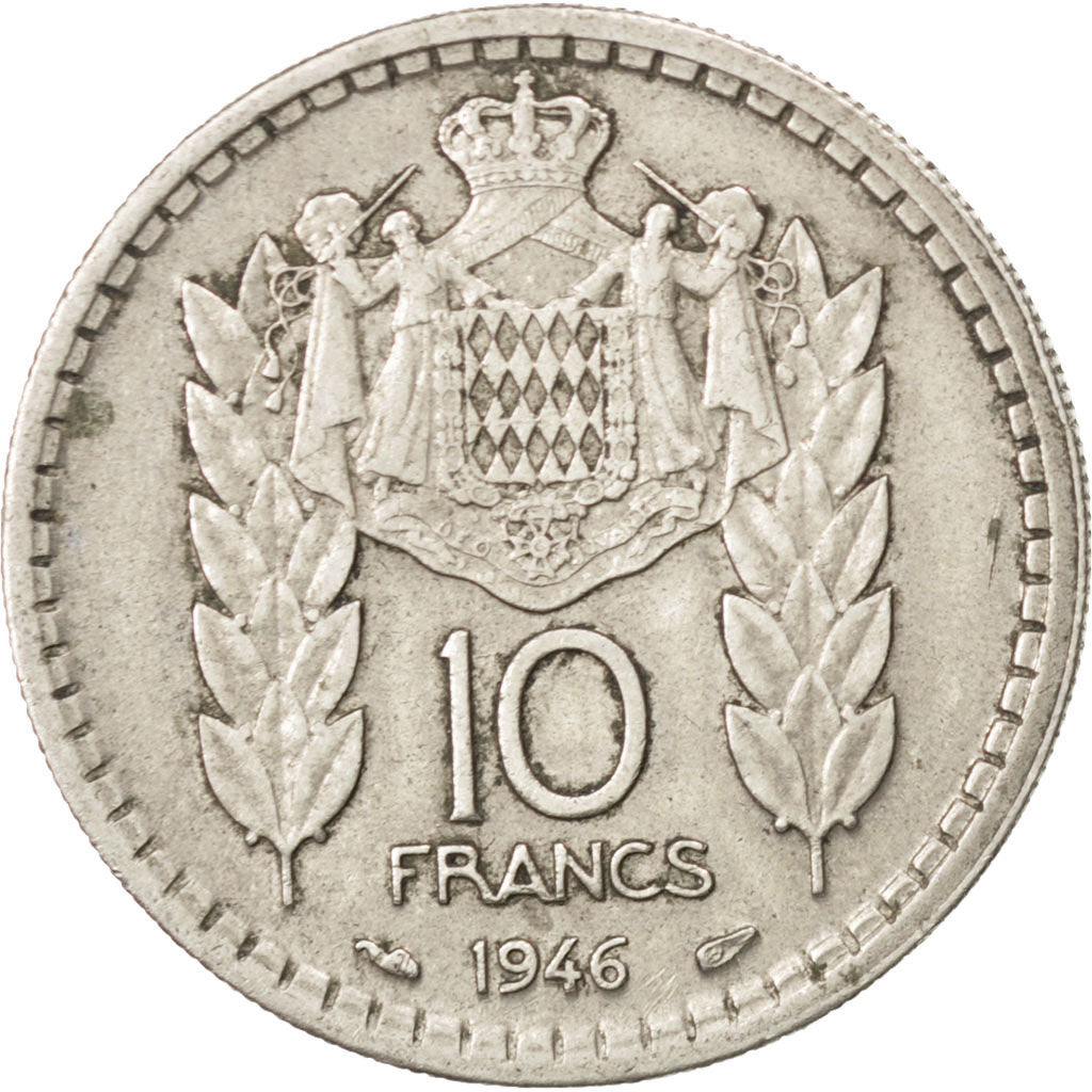 MONACO, 10 Francs, 1946, KM #123, EF(40-45), Copper-Nickel, 26, Gadoury #136,...