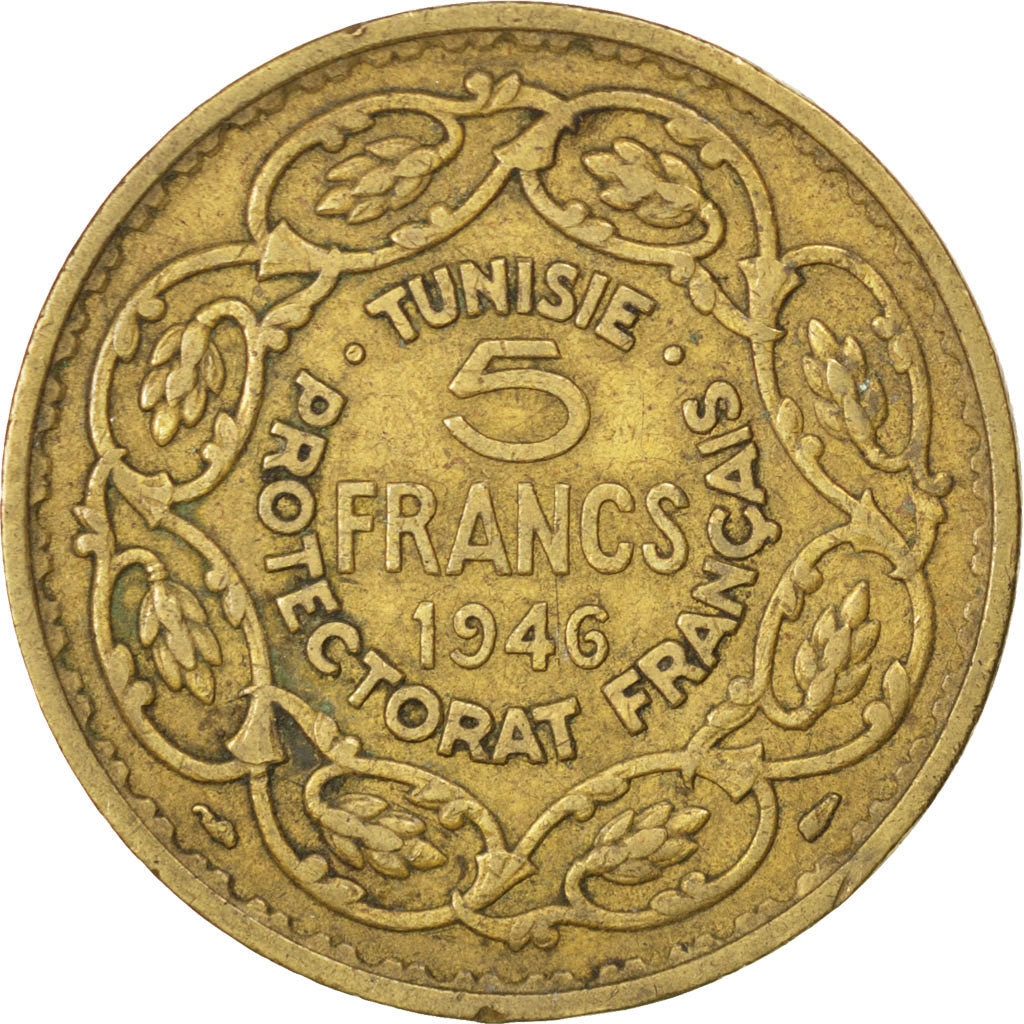 TUNISIA, 5 Francs, 1946, Paris, KM #273, AU(50-53), Aluminum-Bronze, Lecompte...