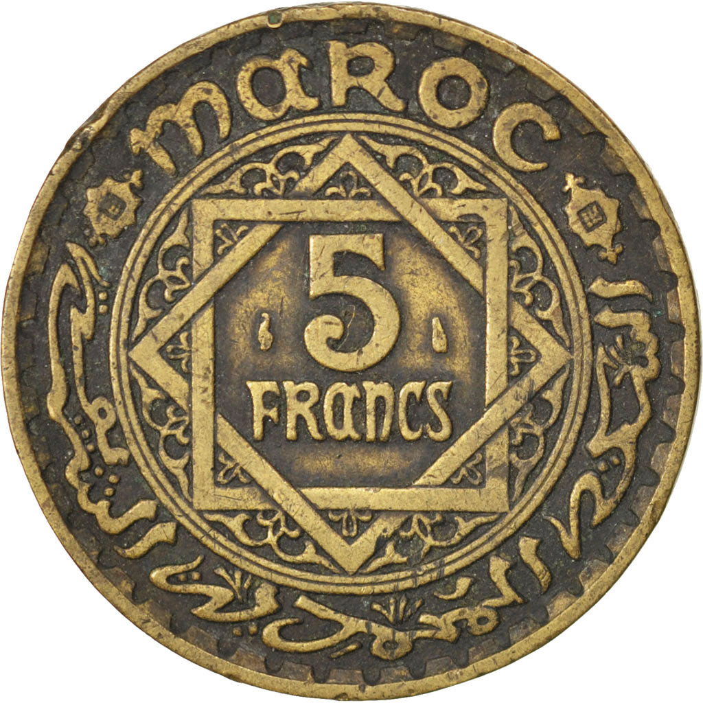 MOROCCO, 5 Francs, Paris, KM #43, AU(50-53), Aluminum-Bronze, Lecompte #244,...