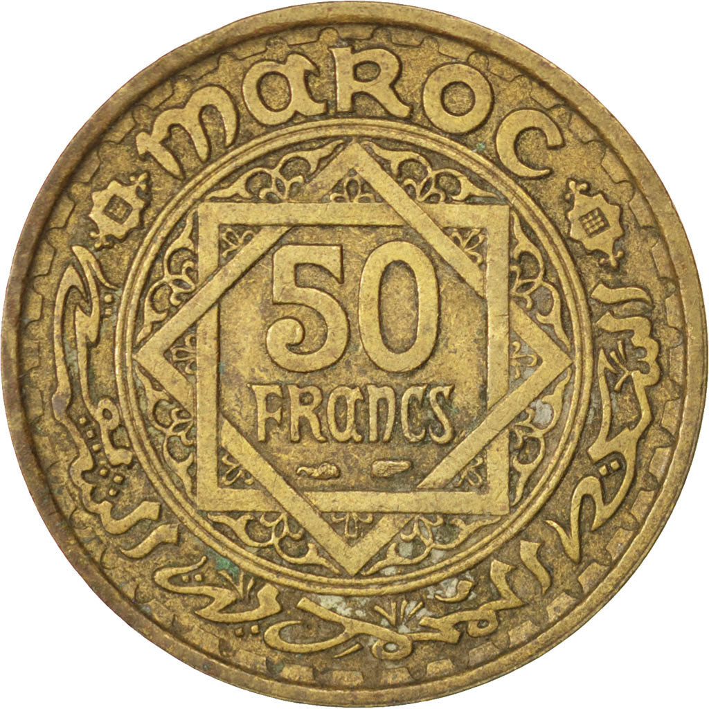 MOROCCO, 50 Francs, Paris, KM #51, AU(50-53), Aluminum-Bronze, 27, Lecompte...
