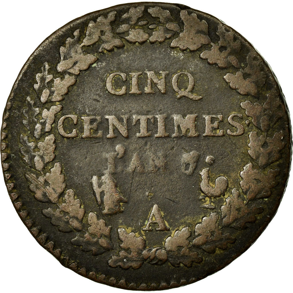 Moneda, Francia, Dupré, 5 Centimes, 1798, BC+, Bronce, KM:640.1, Gadoury:126