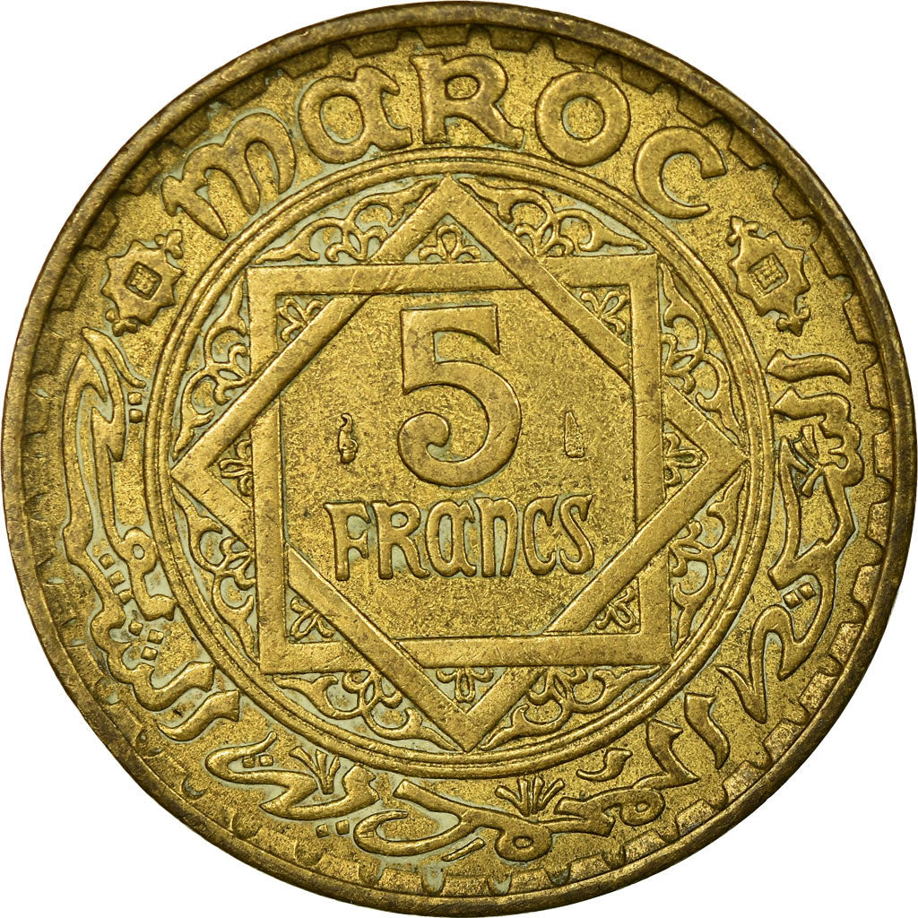 Coin, Morocco, Mohammed V, 5 Francs, 1945, Paris, EF(40-45), Aluminum-Bronze
