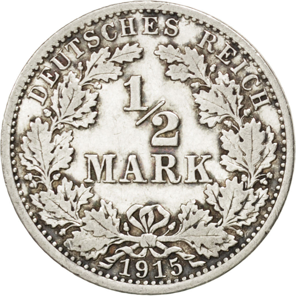GERMANY - EMPIRE, 1/2 Mark, 1915, Berlin, KM #17, AU(50-53), Silver, 20, 2.76