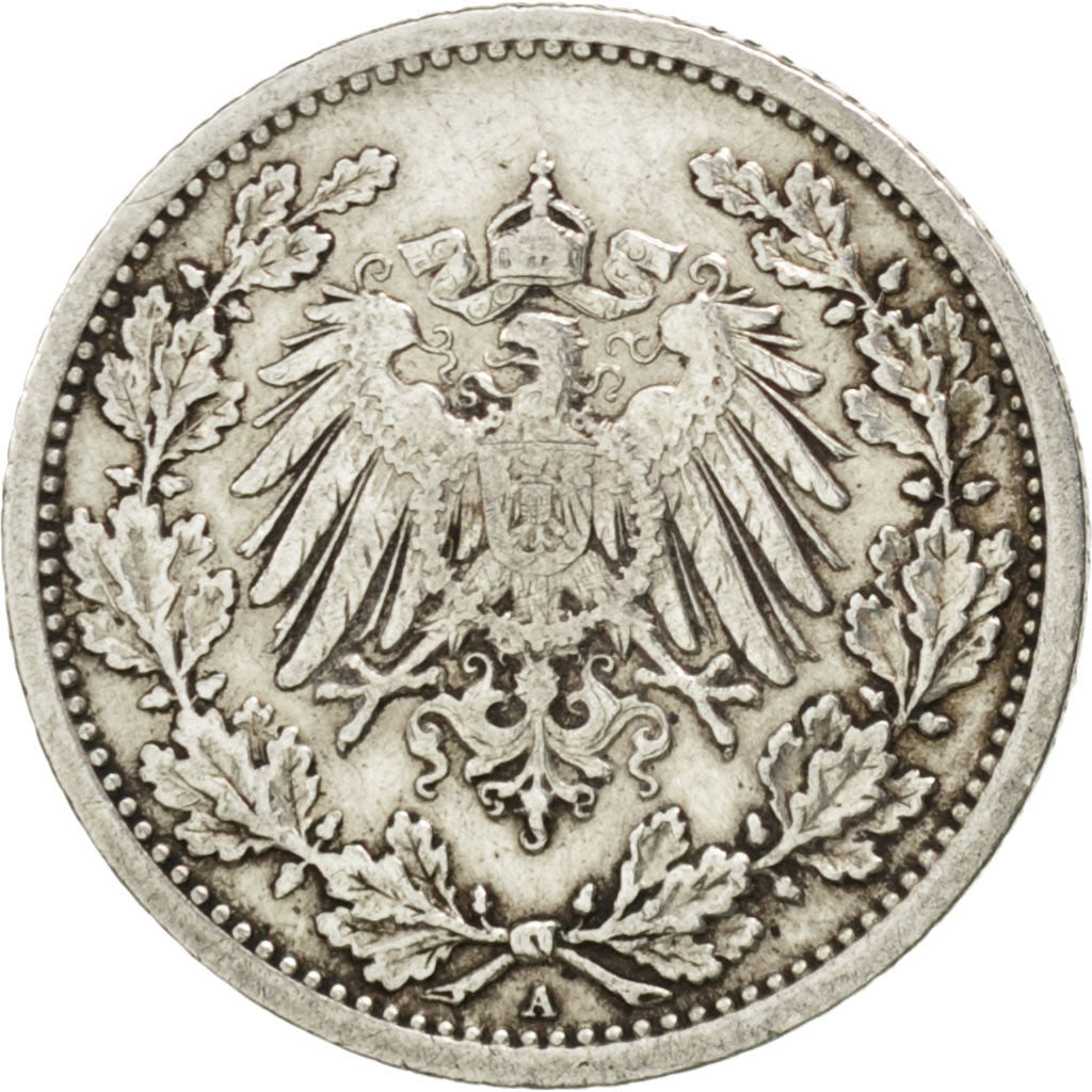 GERMANY - EMPIRE, 1/2 Mark, 1909, Berlin, KM #17, EF(40-45), Silver, 20, 2.74