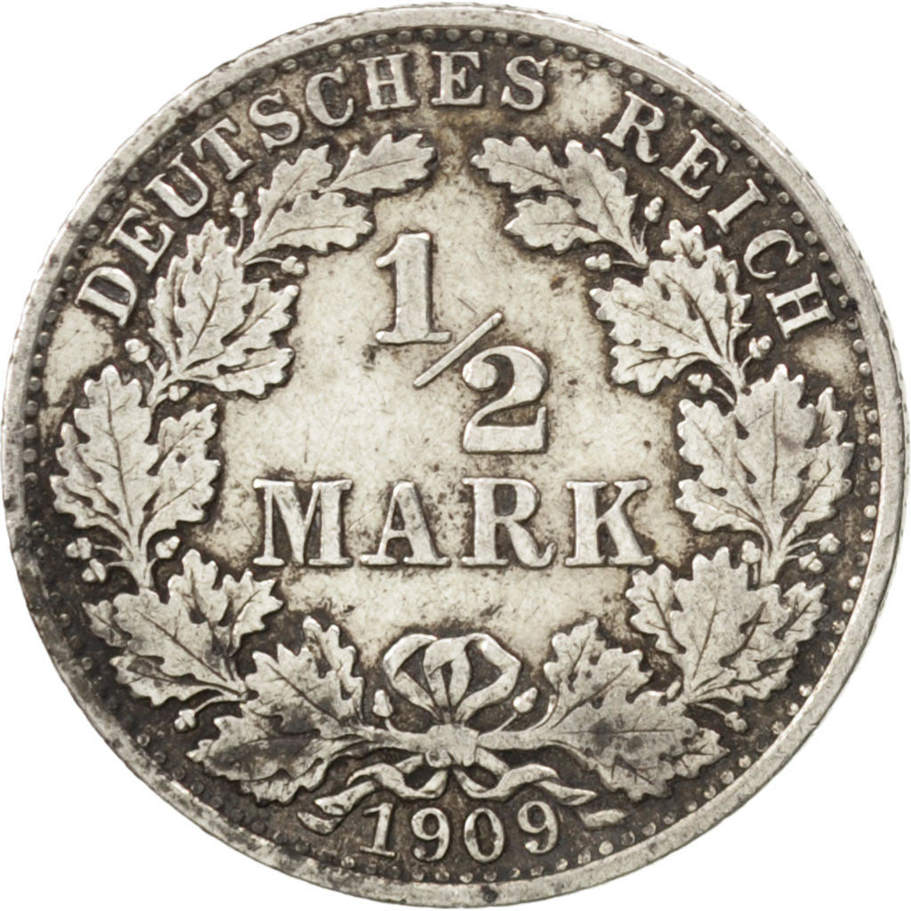 GERMANY - EMPIRE, 1/2 Mark, 1909, Berlin, KM #17, EF(40-45), Silver, 20, 2.74