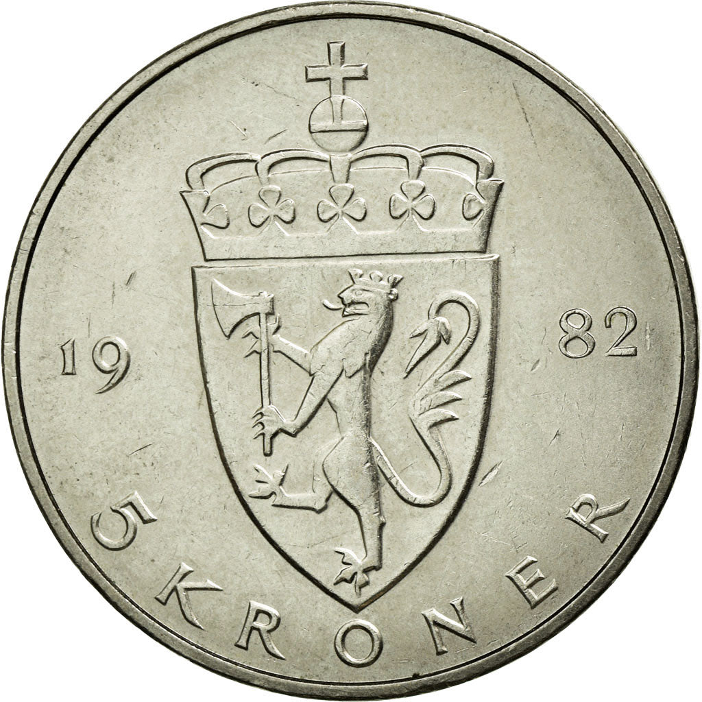 Coin, Norway, Olav V, 5 Kroner, 1982, AU(50-53), Copper-nickel, KM:420