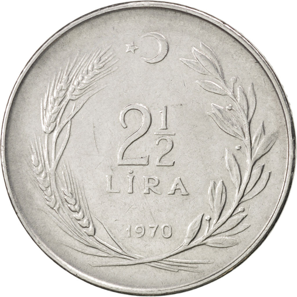 TURKEY, 2-1/2 Lira, 1970, KM #893.2, AU(50-53), Stainless Steel, 30, 8.97
