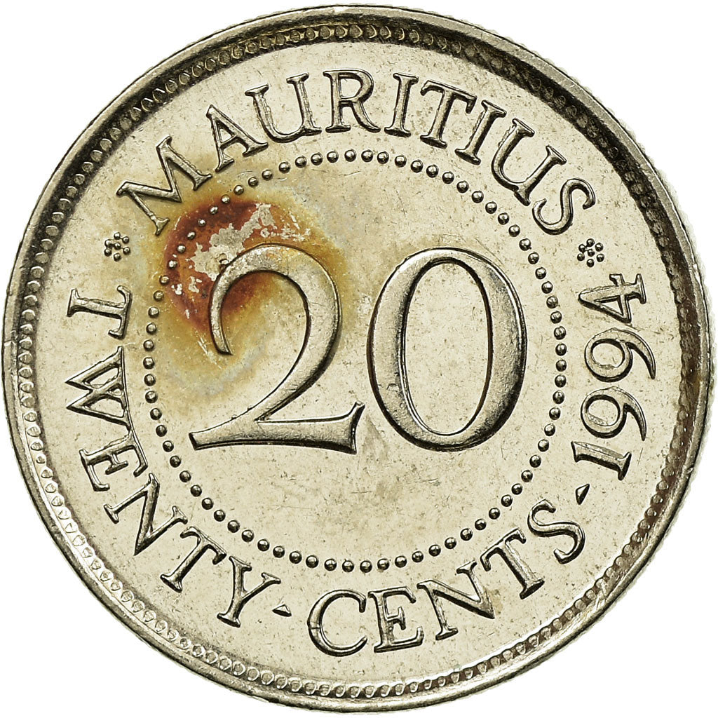 Coin, Mauritius, 20 Cents, 1994, EF(40-45), Nickel plated steel, KM:53