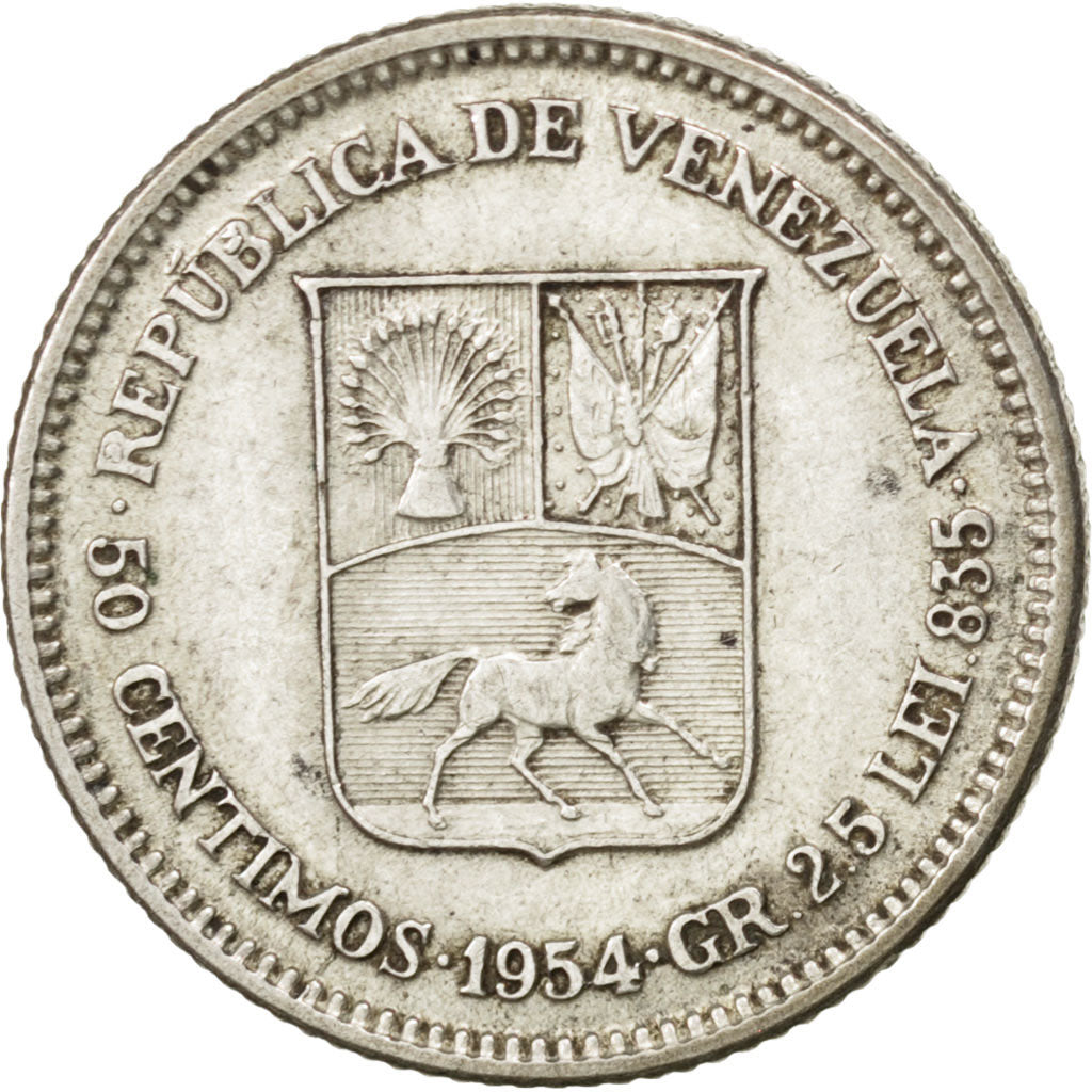 Coin, Venezuela, 50 Centimos, 1954, MS(60-62), Silver, KM:36