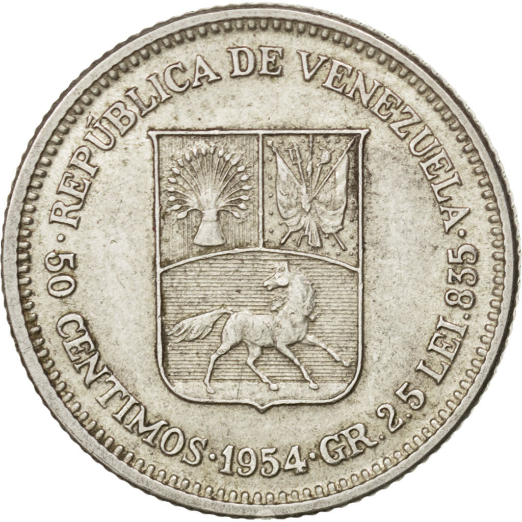 VENEZUELA, 50 Centimos, 1954, Philadelphia, KM #36, MS(60-62), Silver, 18, 2.53