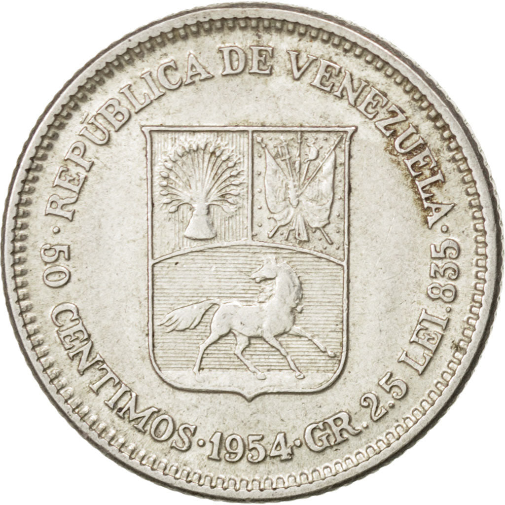 VENEZUELA, 50 Centimos, 1954, Philadelphia, KM #36, MS(60-62), Silver, 18, 2.47