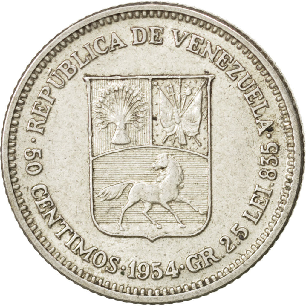 VENEZUELA, 50 Centimos, 1954, Philadelphia, KM #36, MS(60-62), Silver, 18, 2.49