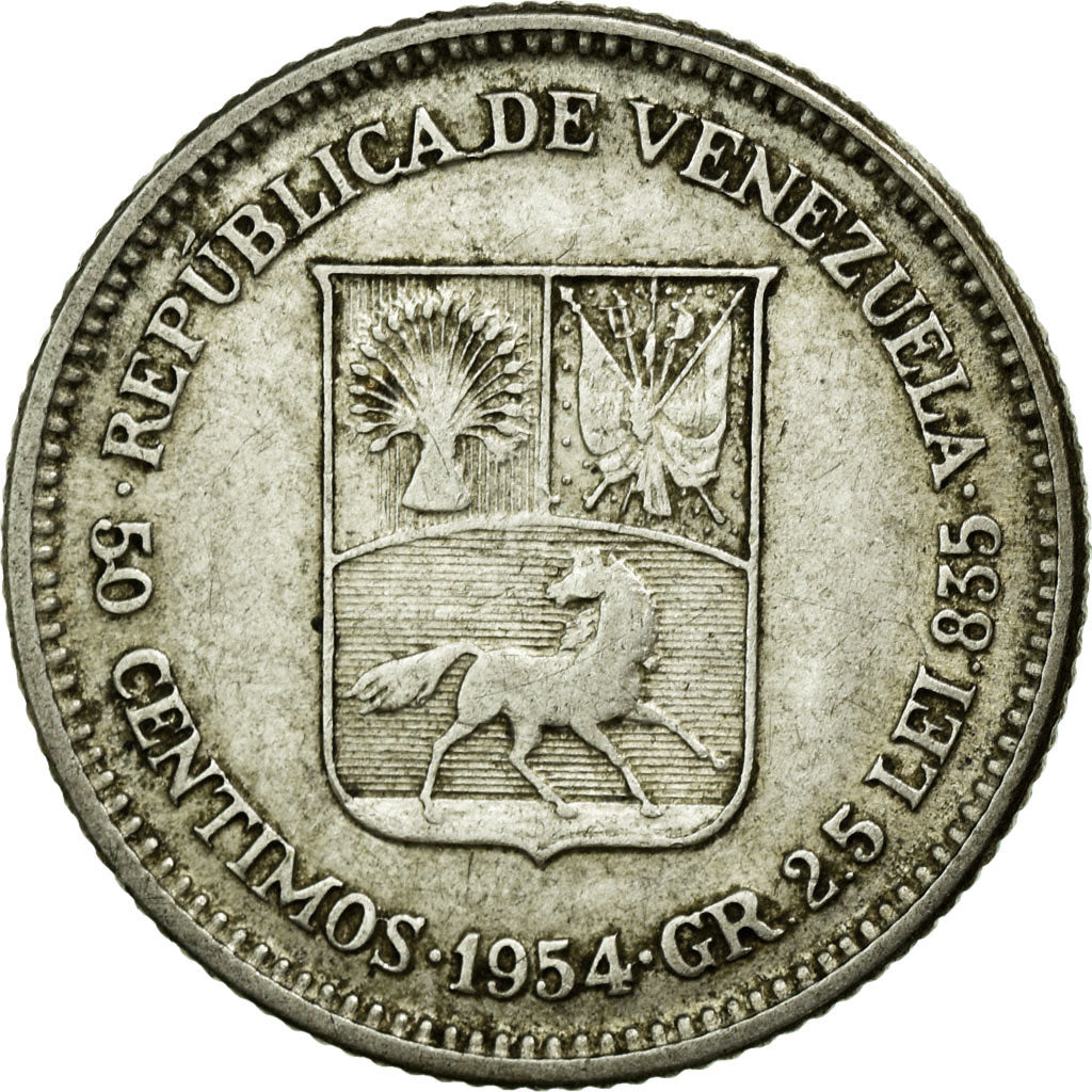 Coin, Venezuela, 50 Centimos, 1954, Philadelphia, AU(50-53), Silver, KM:36
