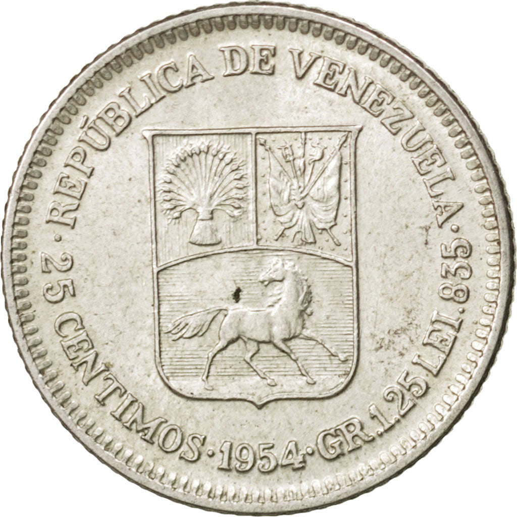 Coin, Venezuela, 25 Centimos, 1954, AU(55-58), Silver, KM:35