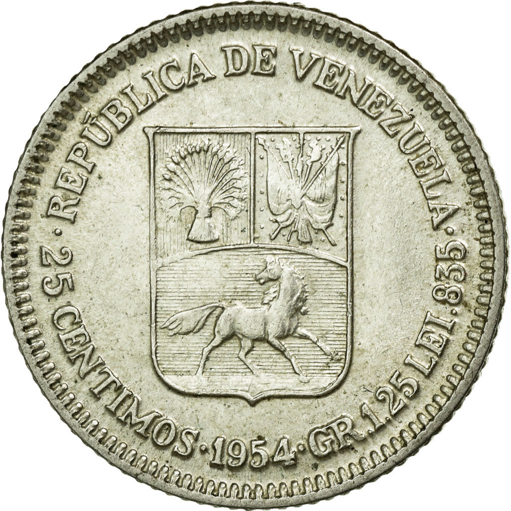 Moneta, Venezuela, 25 Centimos, 1954, SPL-, Argento, KM:35