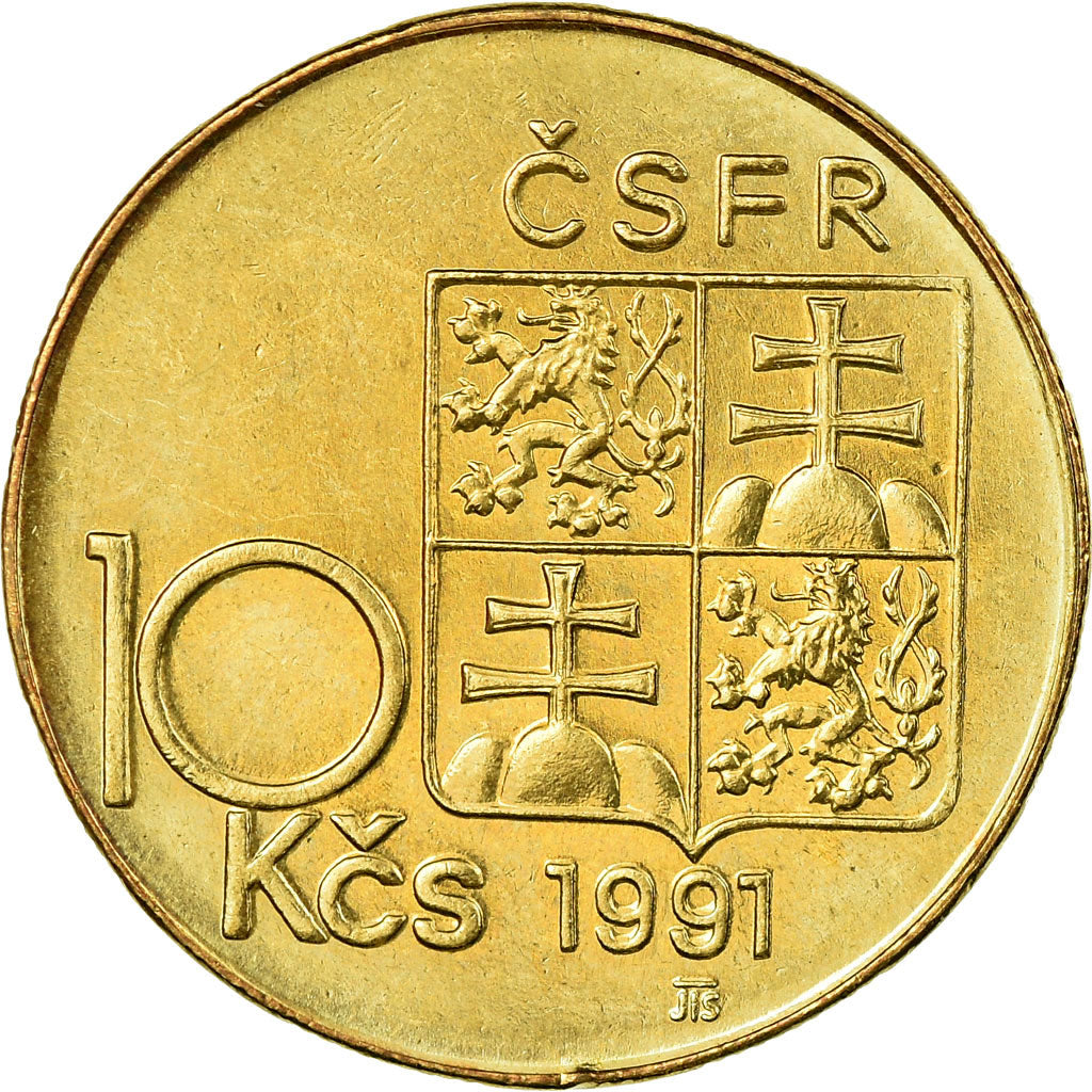 Coin, Czechoslovakia, 10 Korun, 1991, AU(55-58), Nickel-Bronze, KM:153