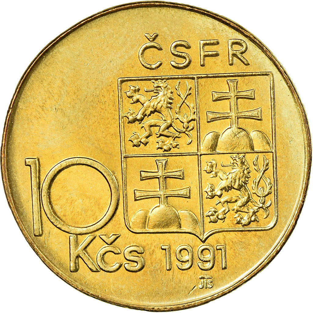 Coin, Czechoslovakia, 10 Korun, 1991, AU(55-58), Nickel-Bronze, KM:153
