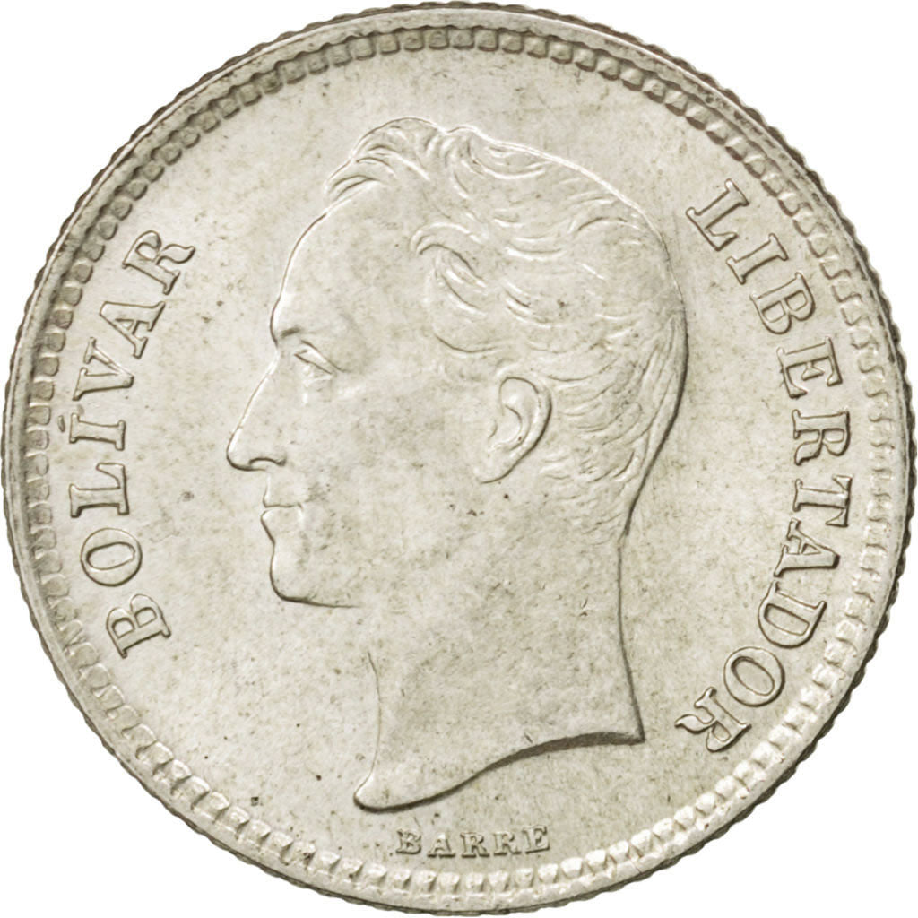 VENEZUELA, 25 Centimos, 1954, KM #35, AU(55-58), Silver, 16, 1.24