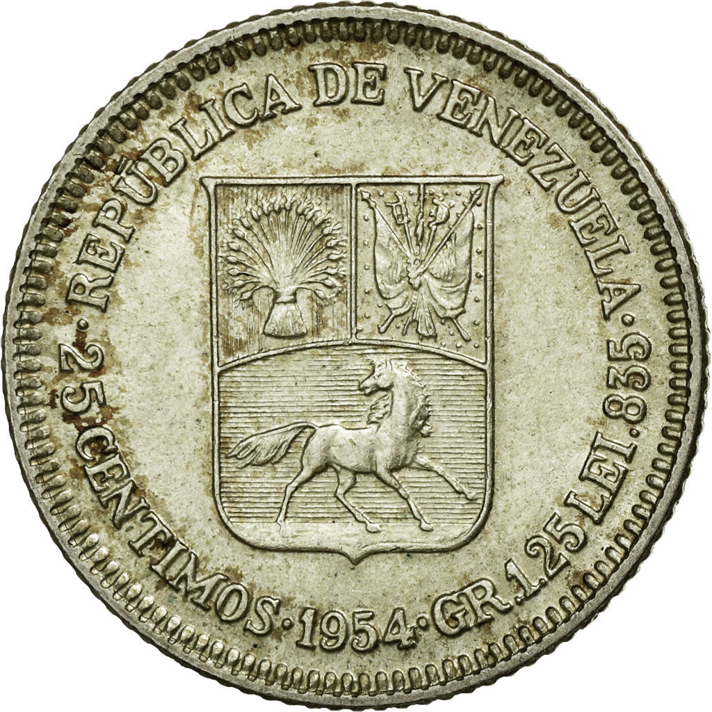 Coin, Venezuela, 25 Centimos, 1954, AU(55-58), Silver, KM:35
