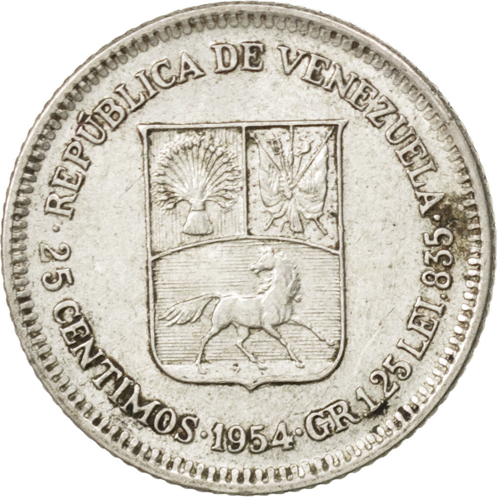 VENEZUELA, 25 Centimos, 1954, KM #35, EF(40-45), Silver, 16, 1.20