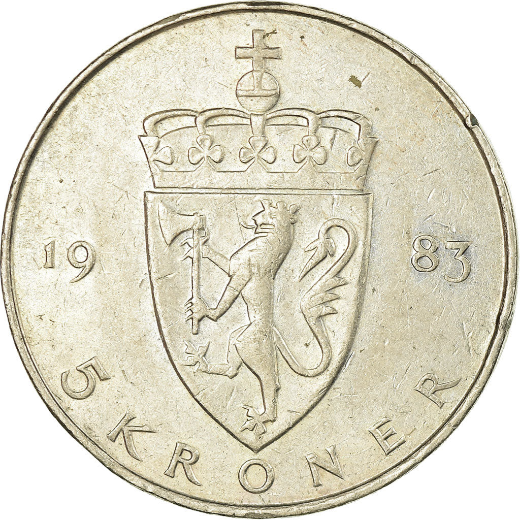 Moneda, Noruega, Olav V, 5 Kroner, 1983, MBC, Cobre - níquel, KM:420