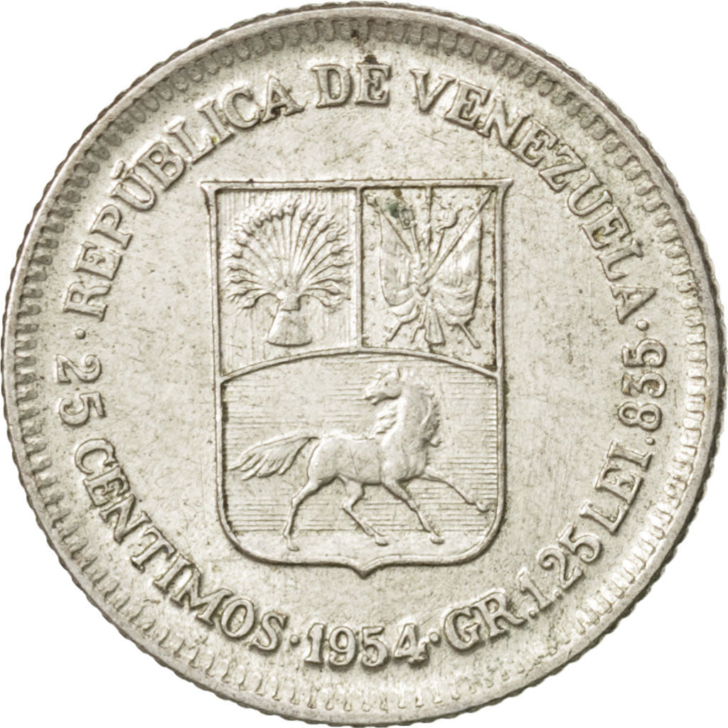 VENEZUELA, 25 Centimos, 1954, KM #35, EF(40-45), Silver, 16, 1.25