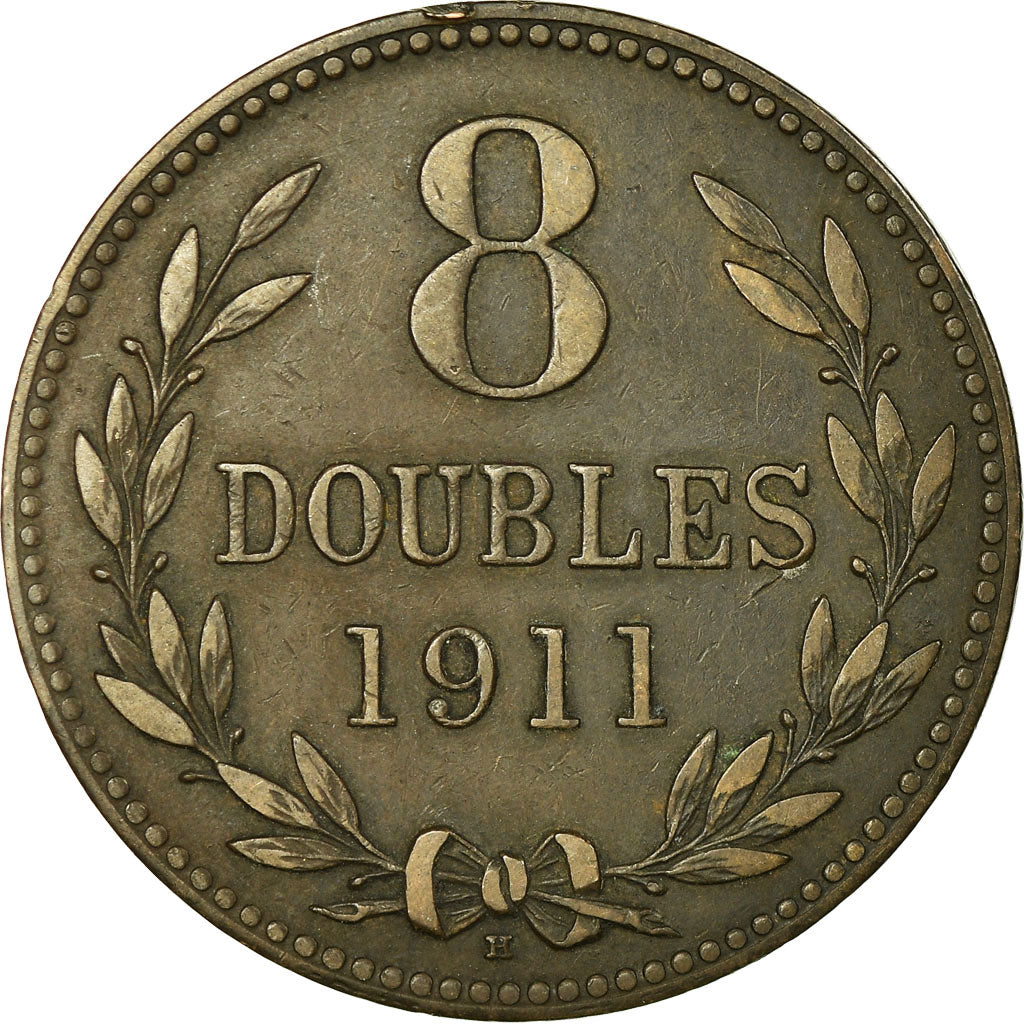 Munten, Guernsey, 8 Doubles, 1911, Heaton, Birmingham, FR+, Bronze, KM:7