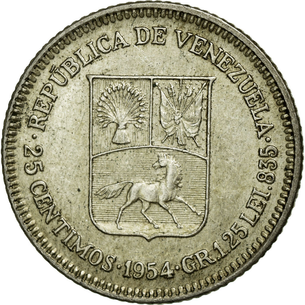 Coin, Venezuela, 25 Centimos, 1954, AU(50-53), Silver, KM:35