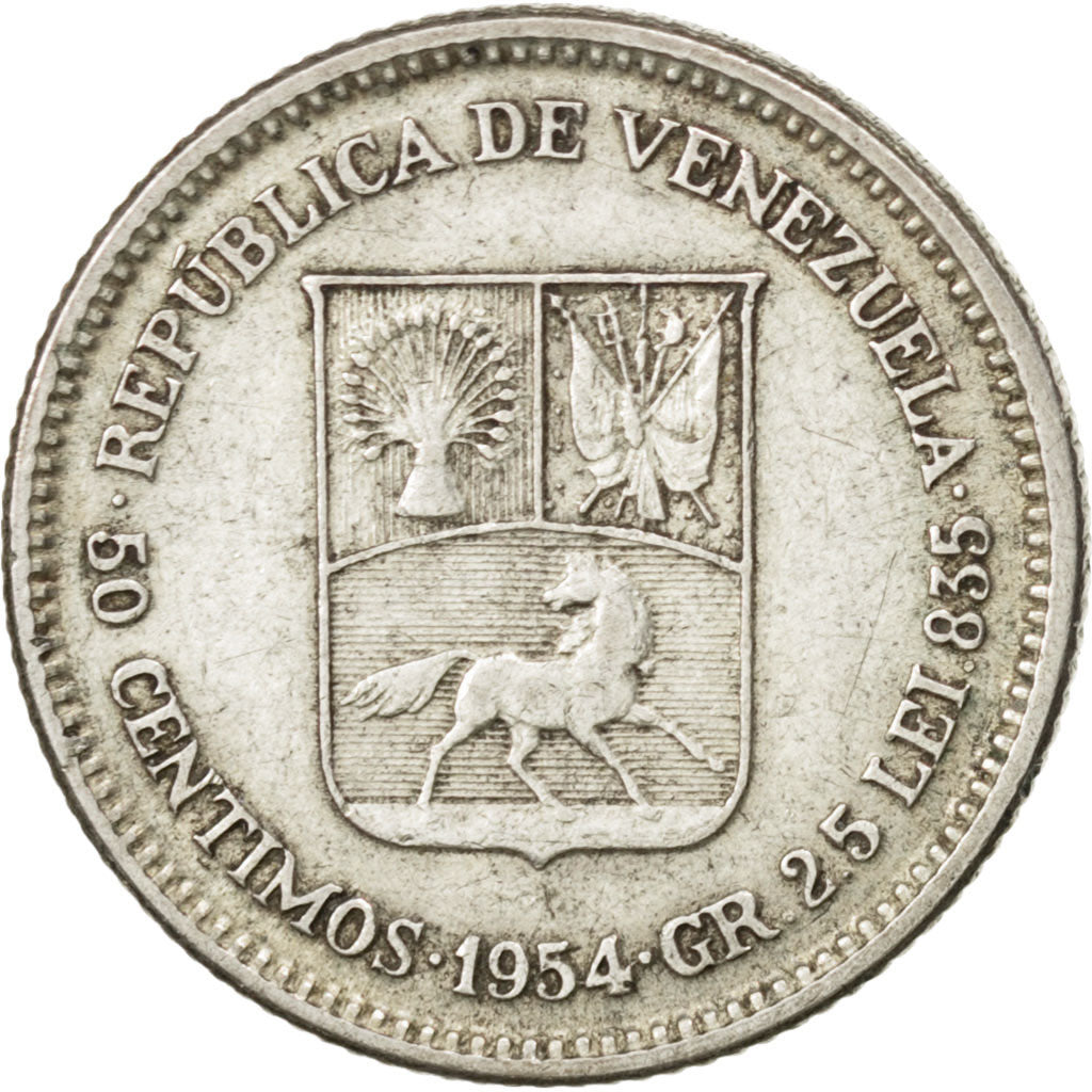 VENEZUELA, 50 Centimos, 1954, Philadelphia, KM #36, AU(50-53), Silver, 18, 2.50