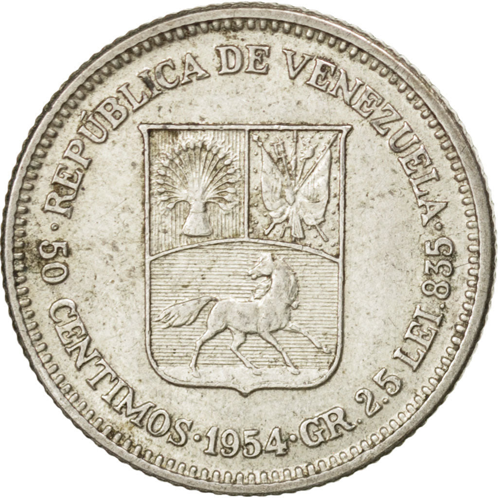 VENEZUELA, 50 Centimos, 1954, Philadelphia, KM #36, AU(50-53), Silver, 18, 2.56