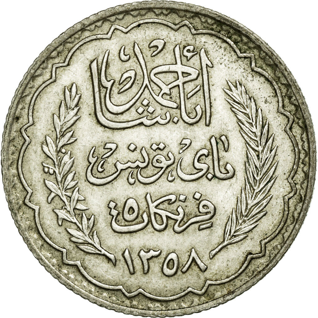 Coin, Tunisia, Ahmad Pasha Bey, 5 Francs, 1939, Paris, AU(55-58), Silver, KM:264