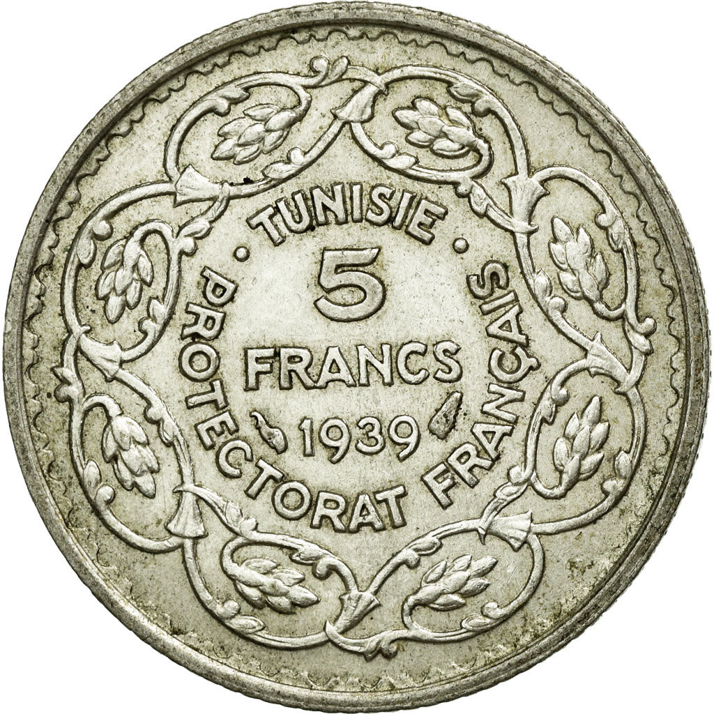Coin, Tunisia, Ahmad Pasha Bey, 5 Francs, 1939, Paris, AU(55-58), Silver, KM:264