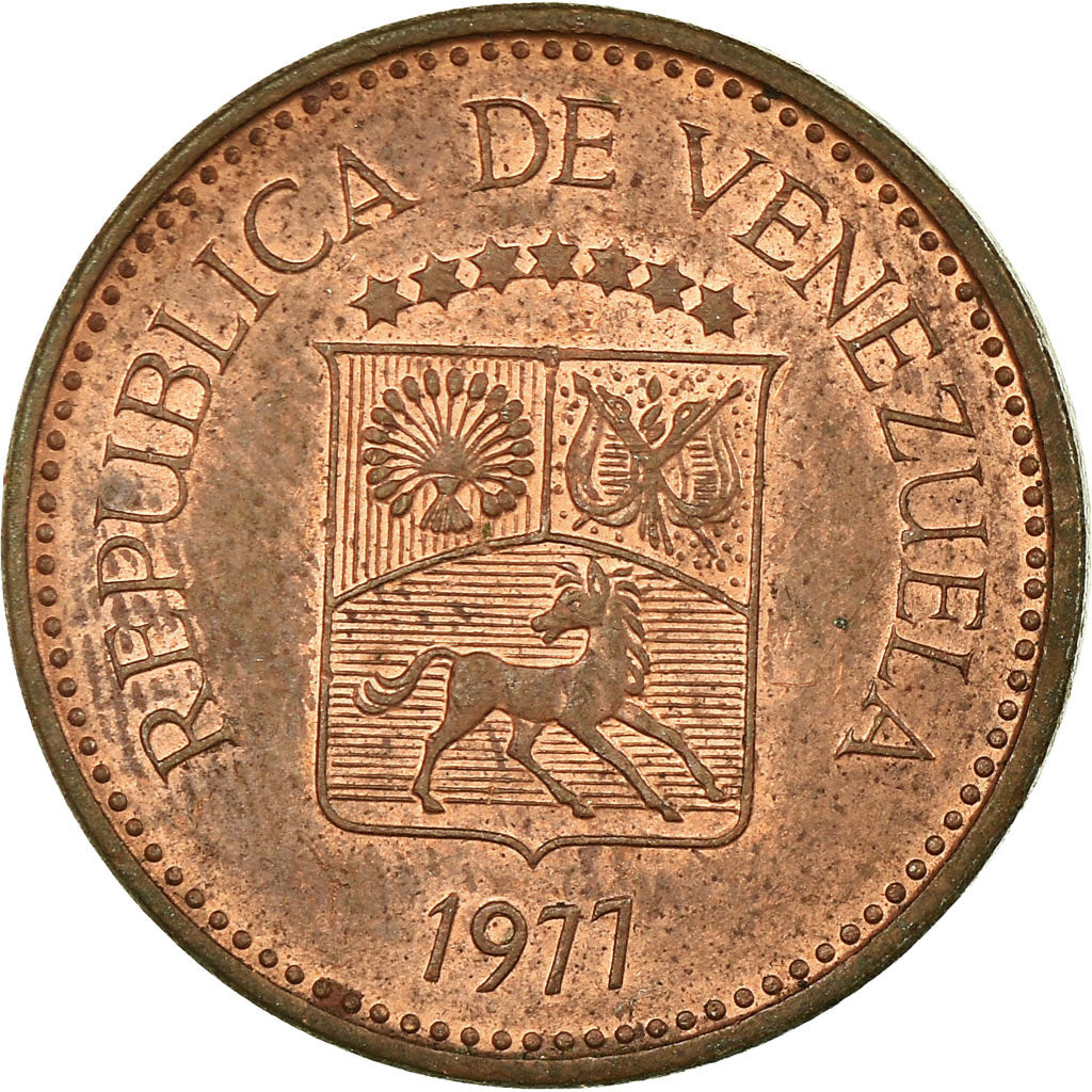 Moneda, Venezuela, 5 Centimos, 1977, MBC, Cobre recubierto de acero, KM:49