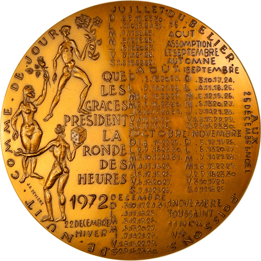 France, Medal, Calendrier, Nouvelle Année, Fêtes Religieuses, 1972, Devigne