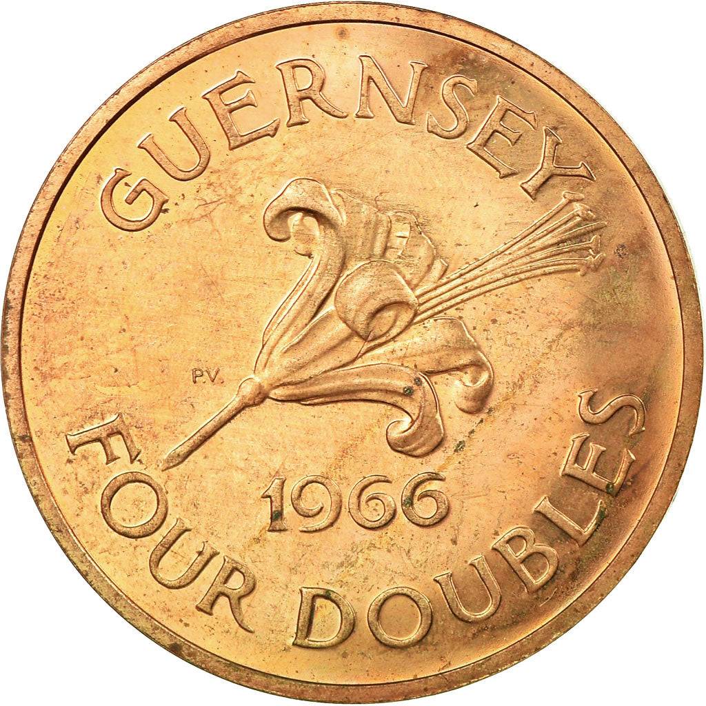 Coin, Guernsey, Elizabeth II, 4 Doubles, 1966, EF(40-45), Bronze, KM:15