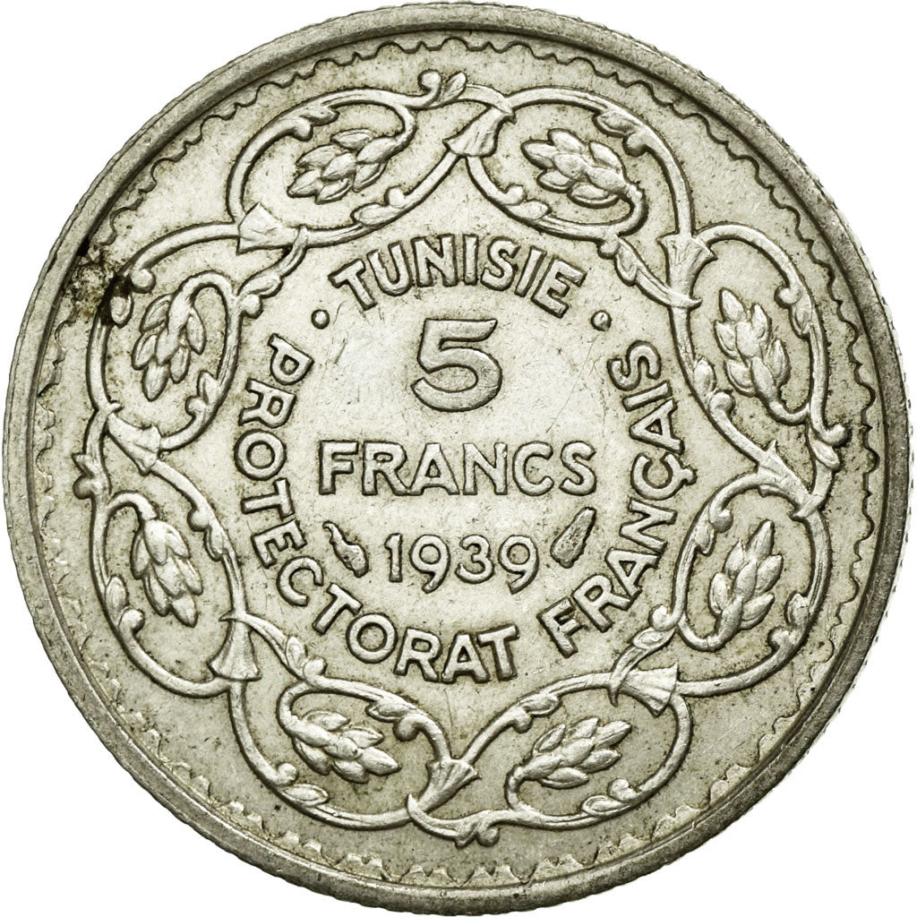 Coin, Tunisia, Ahmad Pasha Bey, 5 Francs, 1939, Paris, MS(60-62), Silver, KM:264