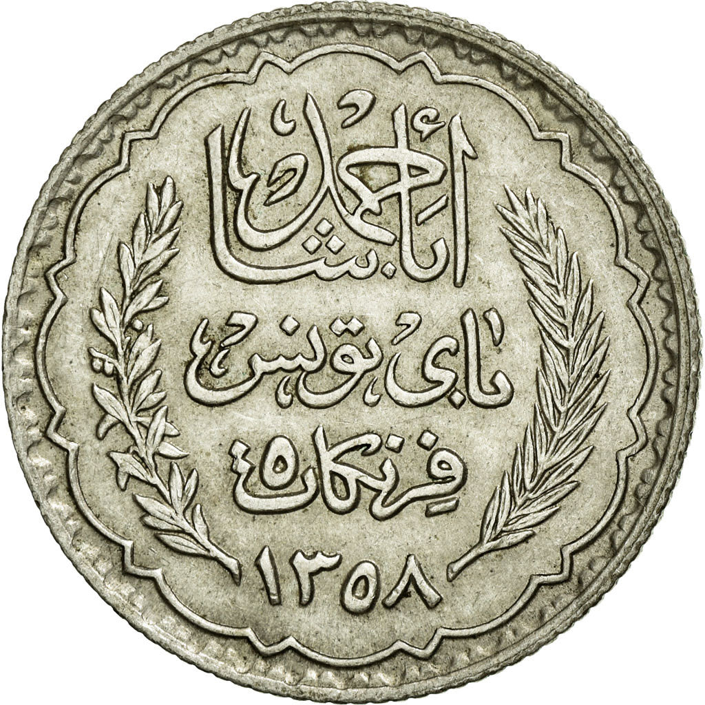 Coin, Tunisia, Ahmad Pasha Bey, 5 Francs, 1939, Paris, MS(60-62), Silver, KM:264