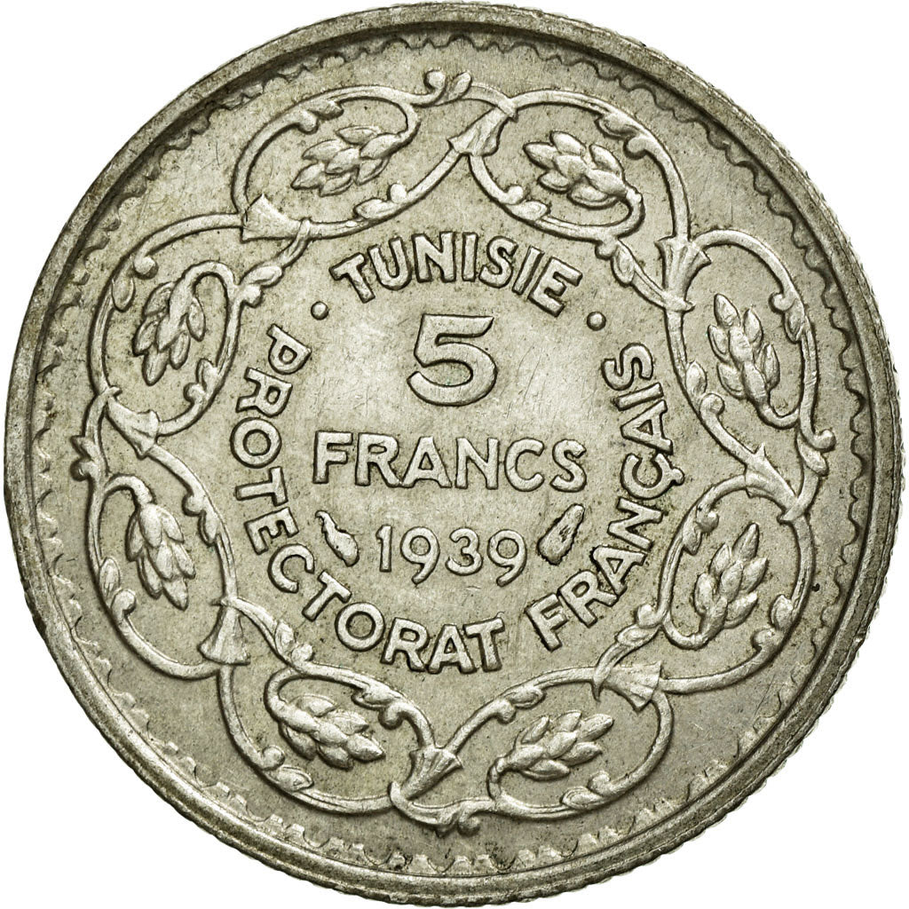 Coin, Tunisia, Ahmad Pasha Bey, 5 Francs, 1939, Paris, MS(60-62), Silver, KM:264