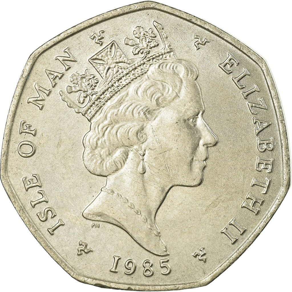 Moeda, Ilha de Man, Elizabeth II, 50 Pence, 1985, AU(55-58), Cobre-níquel