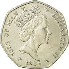 Moeda, Ilha de Man, Elizabeth II, 50 Pence, 1985, AU(55-58), Cobre-níquel