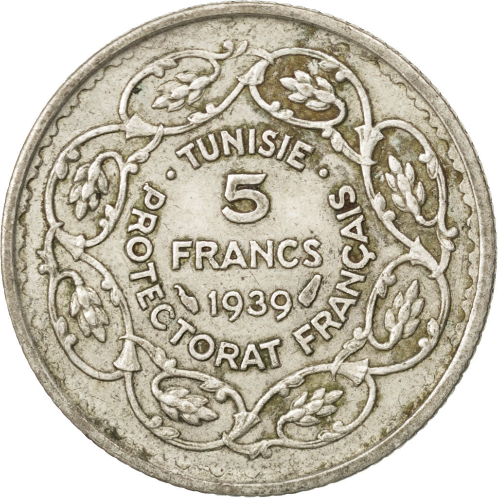 Coin, Tunisia, Ahmad Pasha Bey, 5 Francs, 1939, Paris, EF(40-45), Silver, KM:264