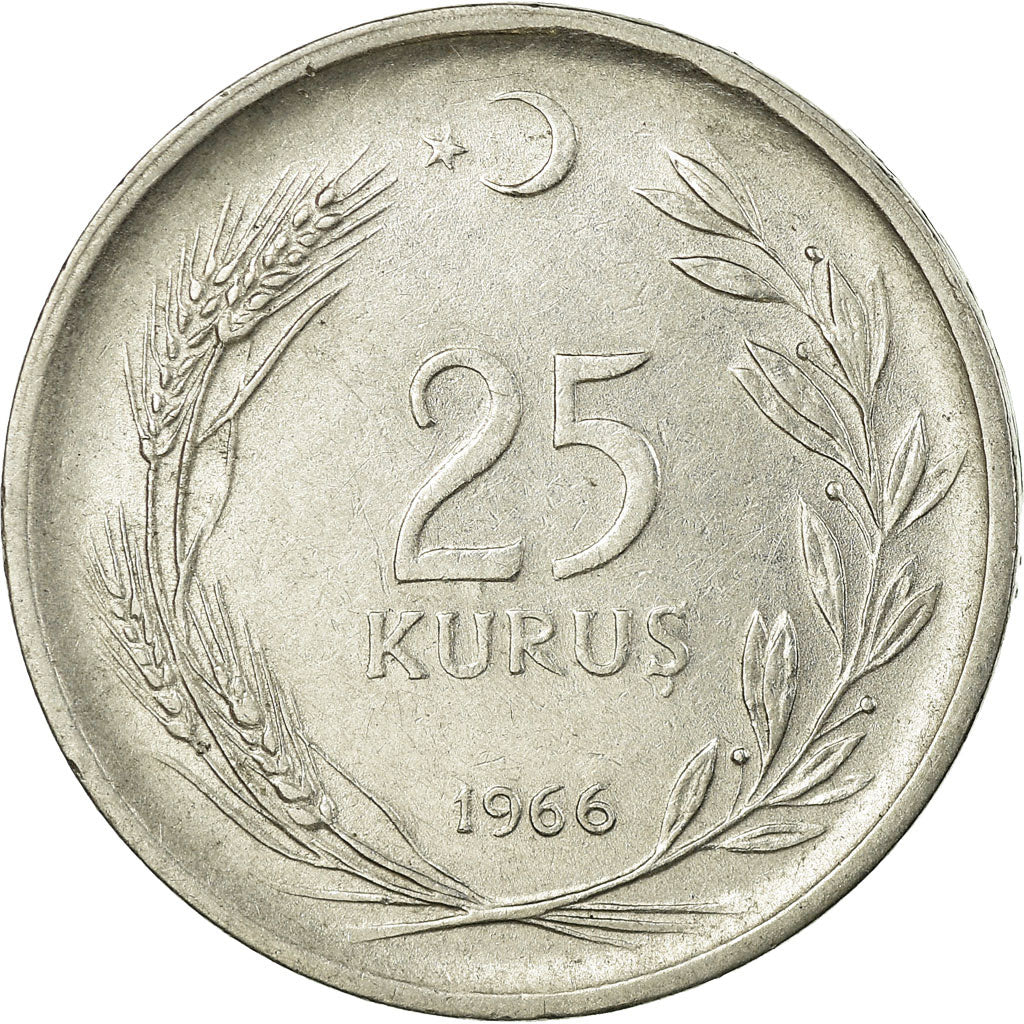 Moneta, Turchia, 25 Kurus, 1966, BB, Acciaio inossidabile, KM:892.2
