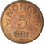 Moneda, Noruega, Haakon VII, 5 Öre, 1953, MBC, Bronce, KM:400