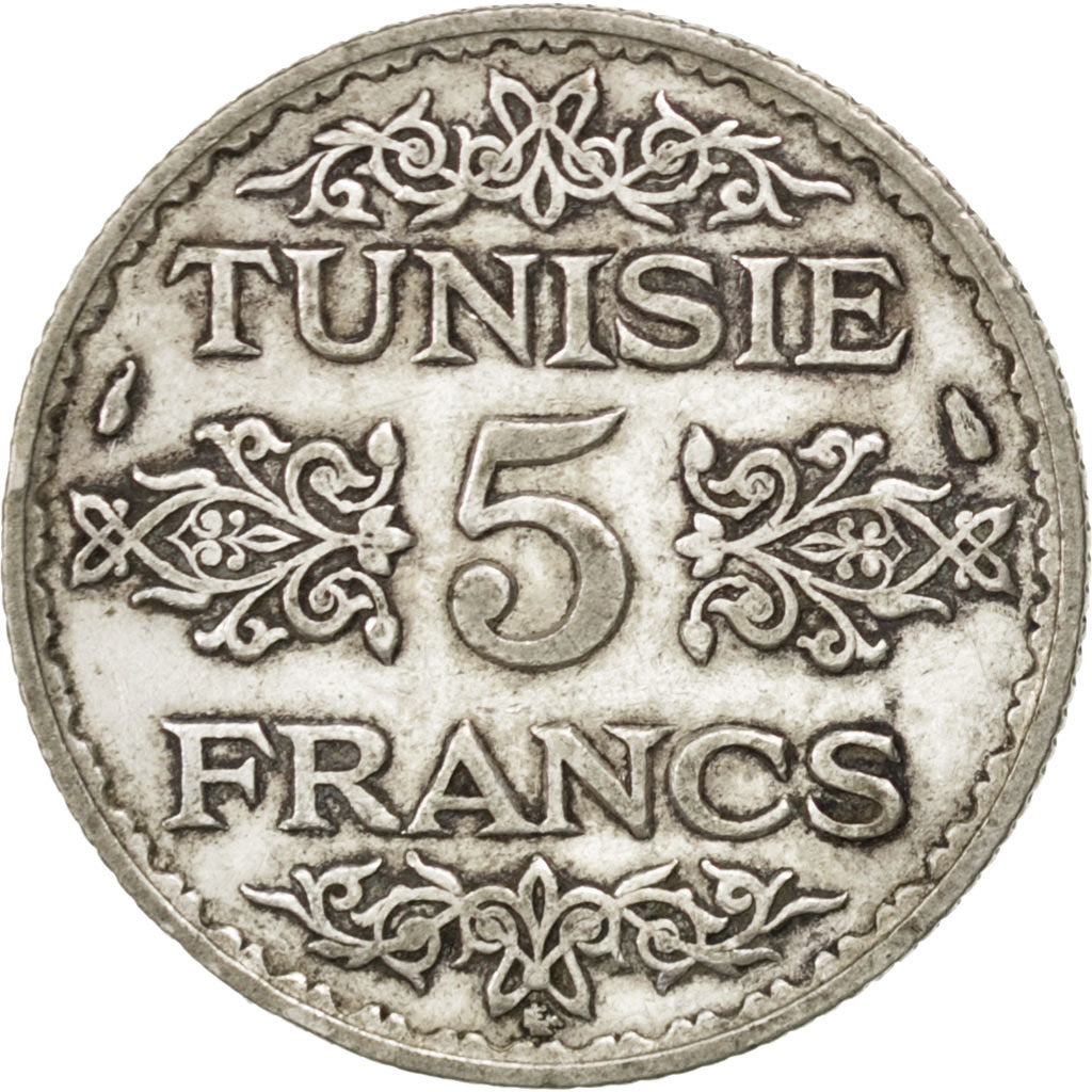 TUNISIA, 5 Francs, 1934, Paris, KM #261, AU(50-53), Silver, 4.90