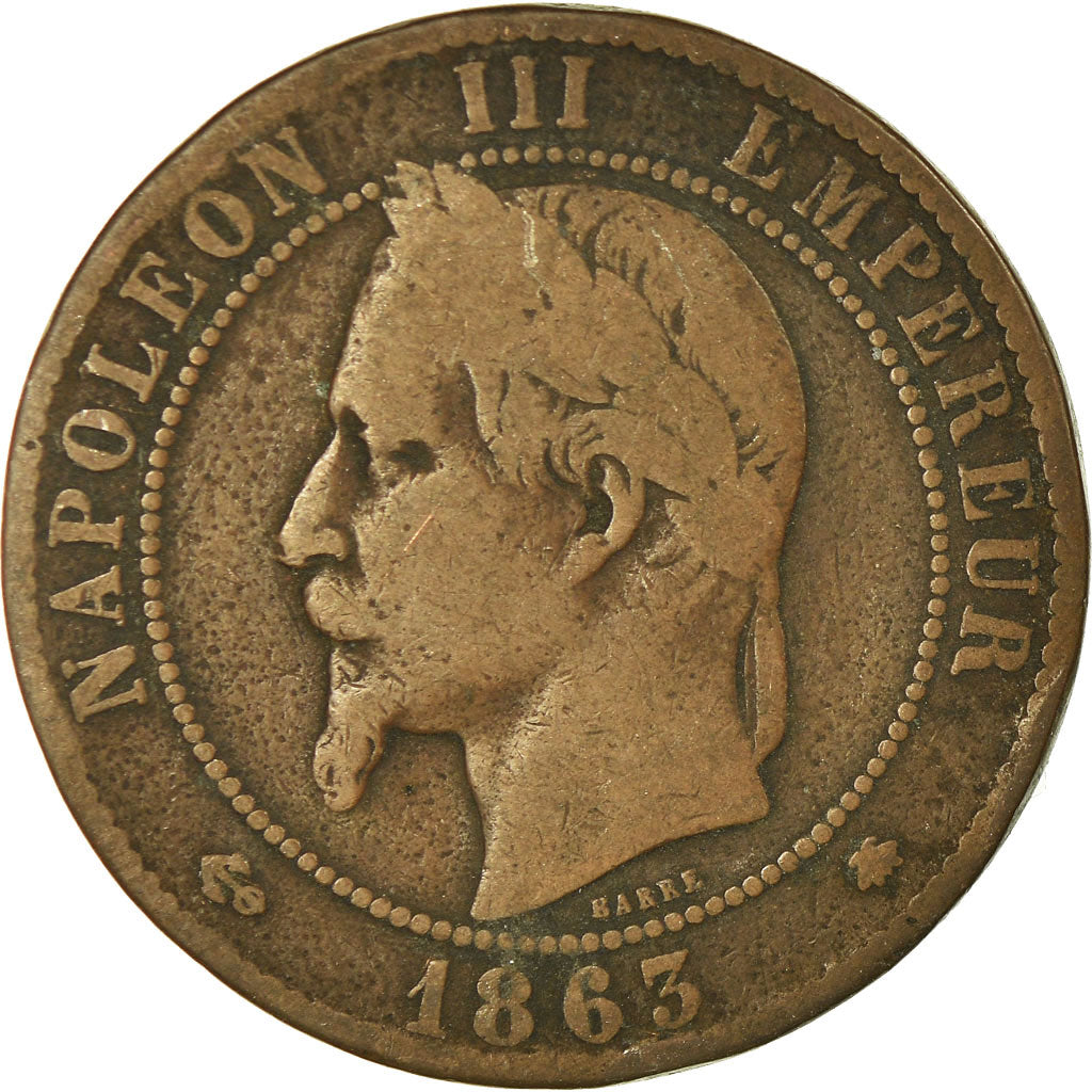 Munten, Frankrijk, 10 Centimes, 1863, Paris, FR, Bronze, KM:798.1, Gadoury:253
