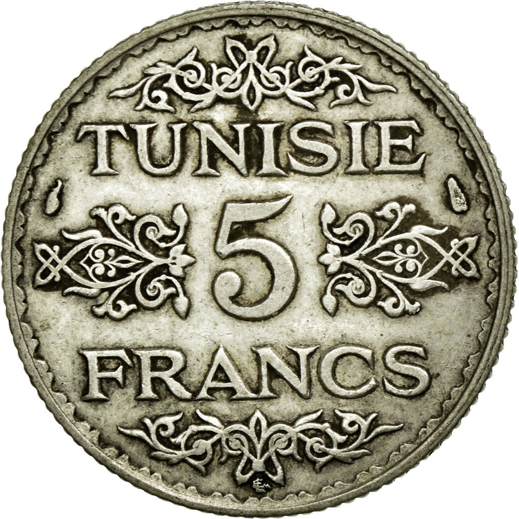 Coin, Tunisia, Ahmad Pasha Bey, 5 Francs, 1936, Paris, AU(55-58), Silver, KM:261