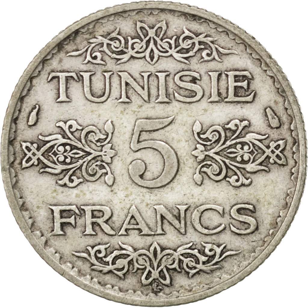 TUNISIA, 5 Francs, 1936, Paris, KM #261, AU(50-53), Silver, 4.97